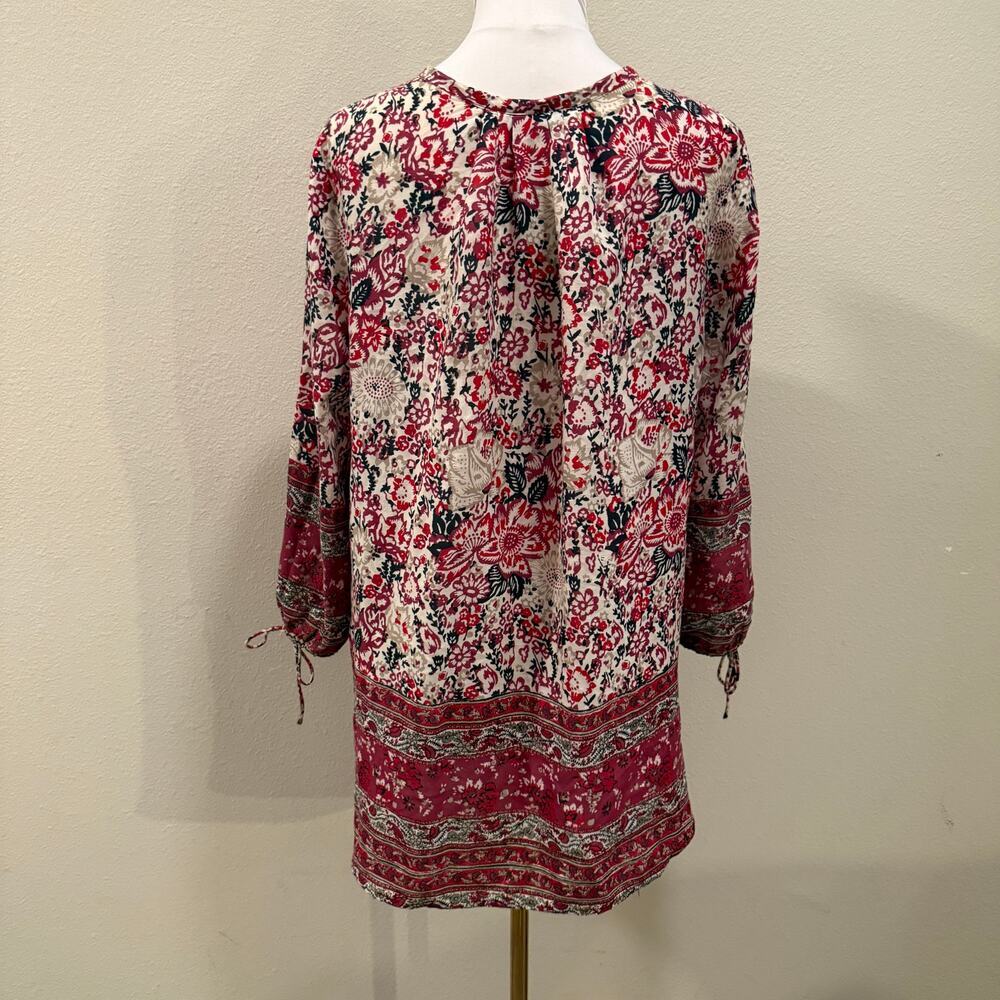 Lucky Brand Boho Red Cream Floral Tunic Top Peasant Blouse Medium Flowy Folk - Picture 3 of 9